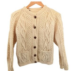 McKennas Dingle Hand Knit Irish Wool Aran Cardigan Sweater Cream Womens